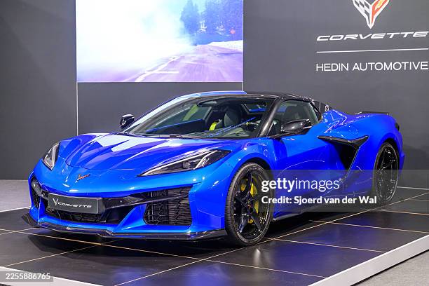 Chevrolet Corvette E-Ray hybrid sports car on display at the AutoSalon press preview on January 09, 2026 in Brussels, Belgium. The 102nd Brussels...