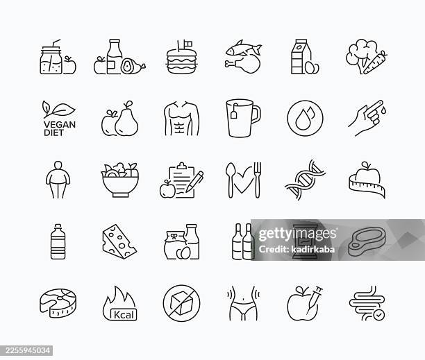 thin nutrition line icon set · 30 icons - avocado salad stock illustrations