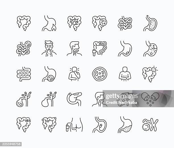 stockillustraties, clipart, cartoons en iconen met thin gastroenterology line icon set · 30 icons - colon