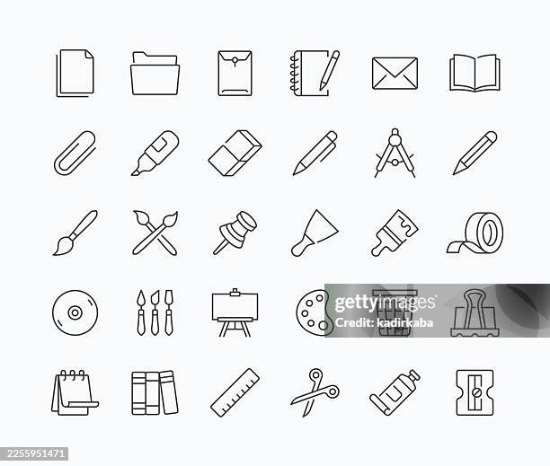 ilustraciones, imágenes clip art, dibujos animados e iconos de stock de conjunto de iconos de línea fina de papelería · 30 iconos - calibrador