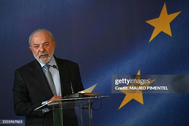 Brazil's President Luiz Inacio Lula da Silva speaks during a press conference after a meeting within the framework of the signing agreement between...