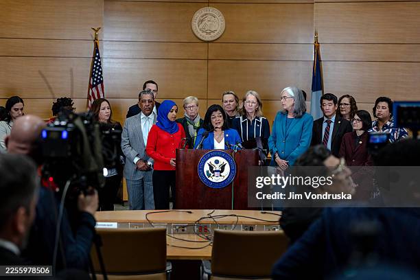 Rep. Pramila Jayapal speaks at a press conference after a field hearing at the Minnesota Senate Building on January 16, 2026 in St Paul, Minnesota....