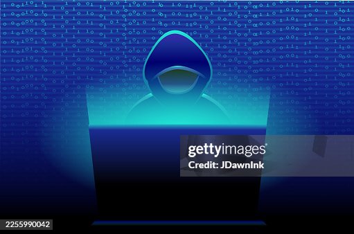 Hacker on laptop with blue binary code background with zero and 1 numbers Hacker on laptop with blue binary code background with zero and 1 numbers