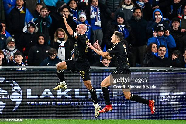 Luca Parodi of Virtus Entella celebrates with his team-mate Davide Bariti after scoring a goal during the Serie B match between UC Sampdoria and...