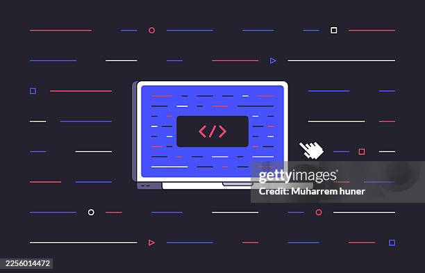 laptop with coding screen and abstract programming background illustration - laptop dark background stock illustrations