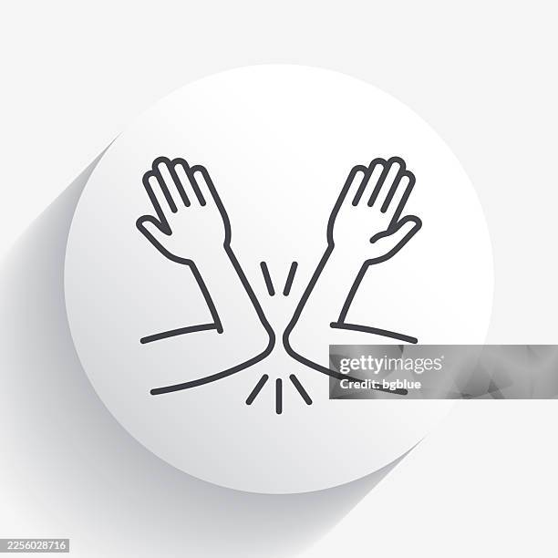 greeting with elbow bump. icon on circle button with long shadow - elbow stock illustrations