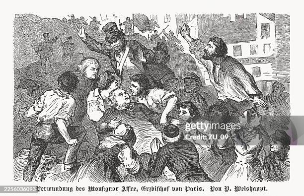 monseigneur affre's death (paris, 1848), wood engraving, published in 1883 - french revolution stock illustrations