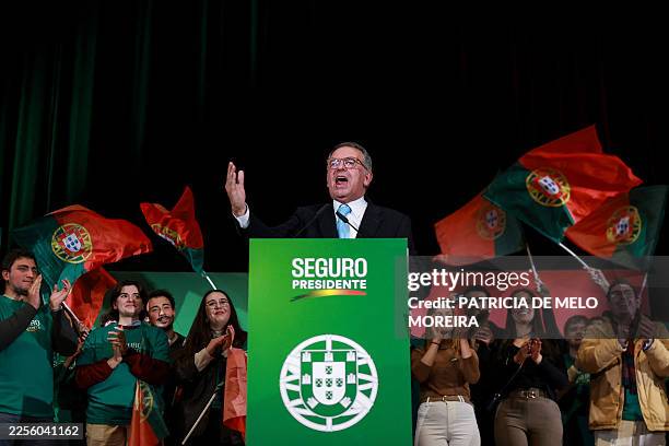 Portugal's Socialist Party presidential candidate Antonio Jose Seguro speaks during a rally with supporters in Lisbon on January 16, 2026. Portuguese...