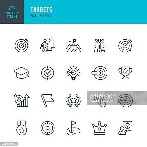 targets - thin line vector icon set. pixel perfect. editable stroke. the set consists of icons such as sports target, archery, focus, dartboard, career growth, university education, crosshair, award, flag, success. - purpose icon stock illustrations