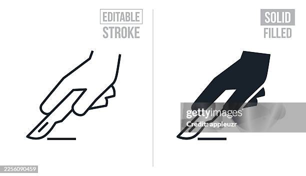 hand with scalpel making an incision - editable stroke and solid icons - incision stock illustrations