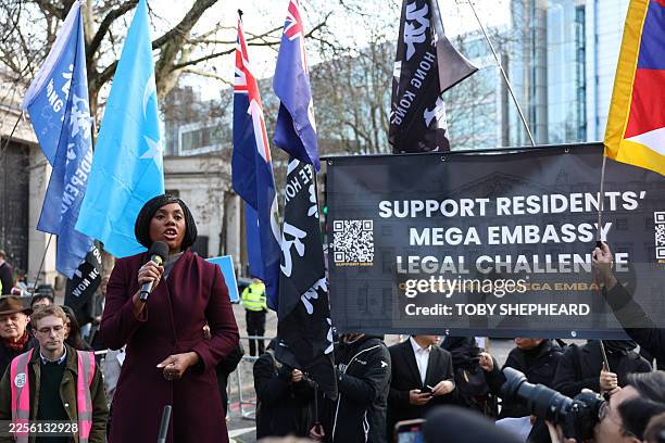 Britain's main opposition Conservative Party leader, Kemi Badenoch speaks to crowds gathering at the site of the former Royal Mint in London on...