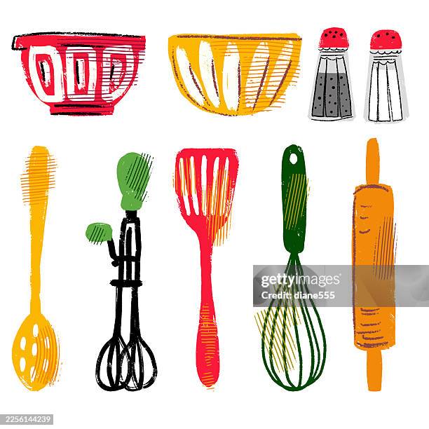 illustrations, cliparts, dessins animés et icônes de éléments culinaires à texture rétro - fouet manuel