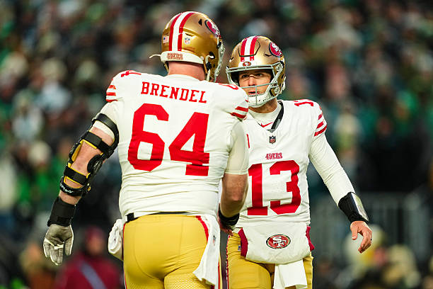 Brock Purdy of the San Francisco 49ers celebrates during an NFL wild card playoff football game against the Philadelphia Eagles at Lincoln Financial...