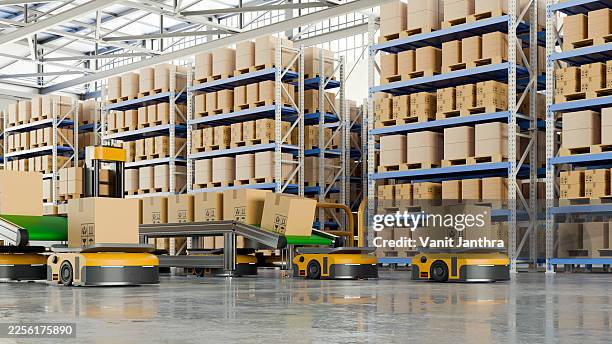 Automated distribution center with AGV robots and conveyor belts moving packages, representing modern supply chain management and global shipping- 3D rendering