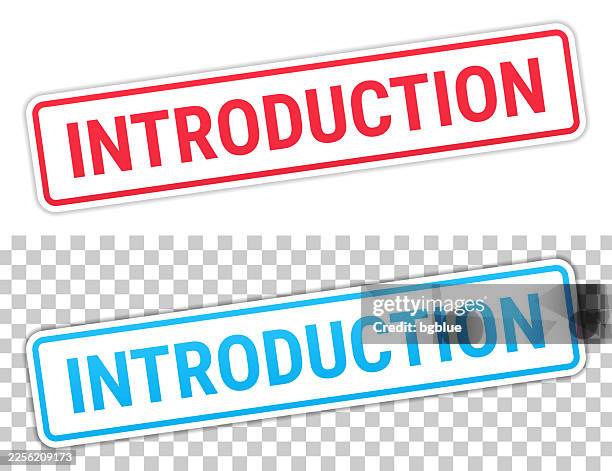 introduction - red and blue labels on blank background - first time introduction stock illustrations
