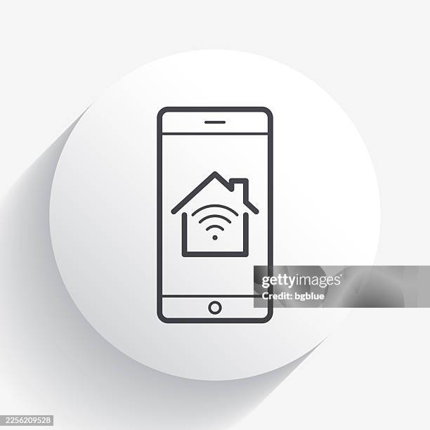 smartphone with smart home. icon on circle button with long shadow - wireless router stock illustrations