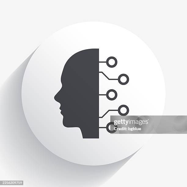 human face and circuit board. icon on circle button with long shadow - human robot face stock illustrations