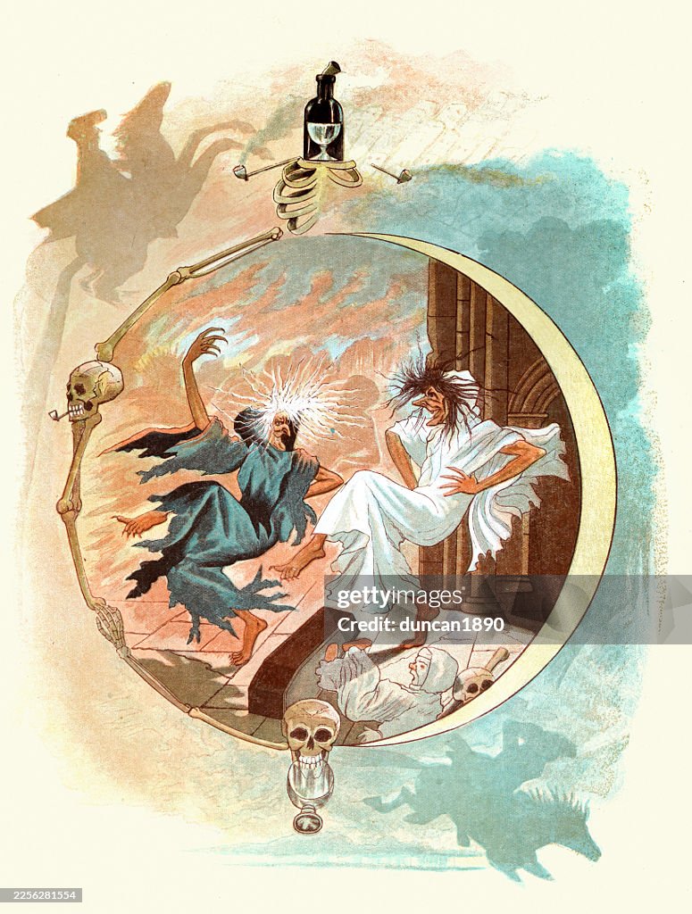 Horror, Witchcraft, Halloween, Witches dancing, Tam o' Shante, a tale by Robert Burns, after George Cruikshank, Vintage illustration 18th Century style