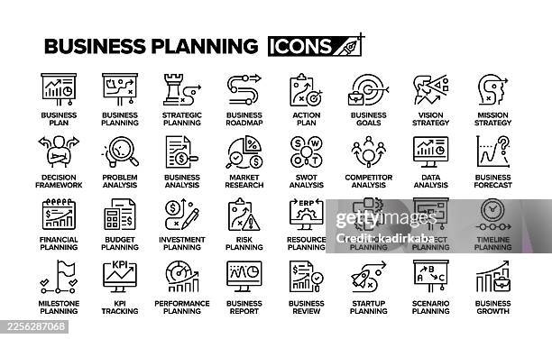 business planning line icon set. group of object. strategy, development, brainstorming, finance. - work milestone stock illustrations