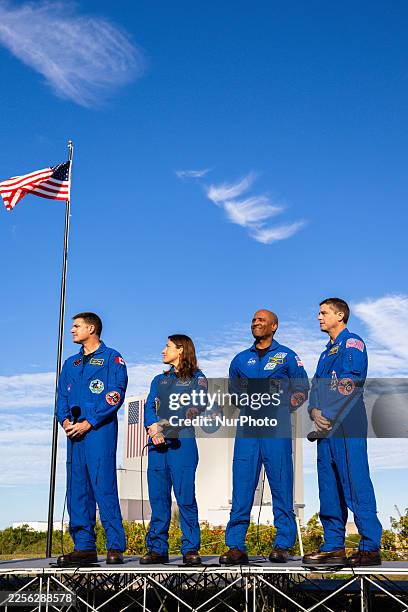 Holds a press conference with Artemis II mission specialist Jeremy Hansen, Christina Koch, pilot Victor Glover, and Commander Reid Wiseman, as NASA's...
