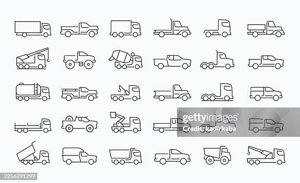thin trucks line icon set · 30 icons - trucking stock illustrations