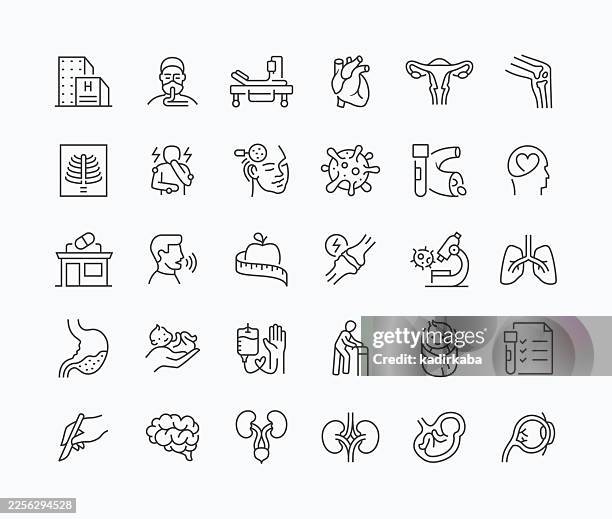 illustrazioni stock, clip art, cartoni animati e icone di tendenza di set di icone di linee dei reparti ospedalieri sottili sottili · 30 icone - radiologo