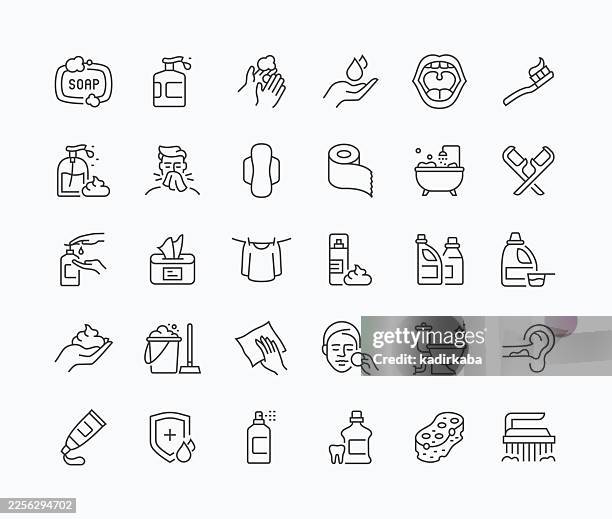 thin hygiene line icon set · 30 icons - shaving cream in hand stock illustrations