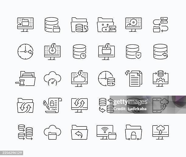 thin data backup line icon set · 30 icons - global document database icon stock illustrations