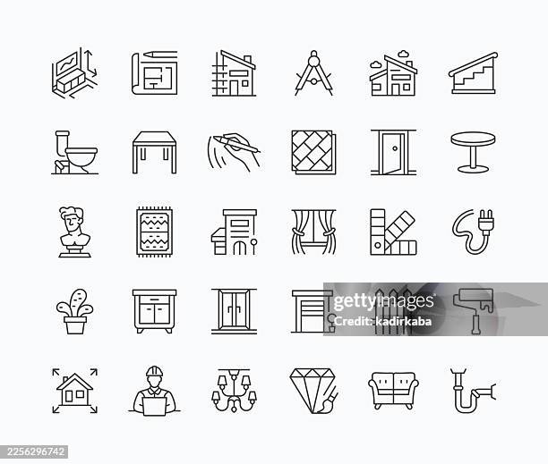 thin architecture line icon set · 30 icons - interior design planning stock illustrations