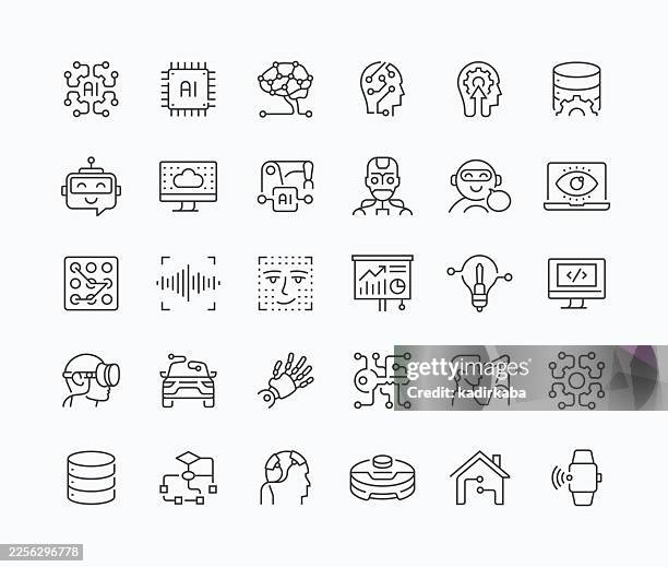 thin artificial intelligence line icon set · 30 icons - voice command technology stock illustrations
