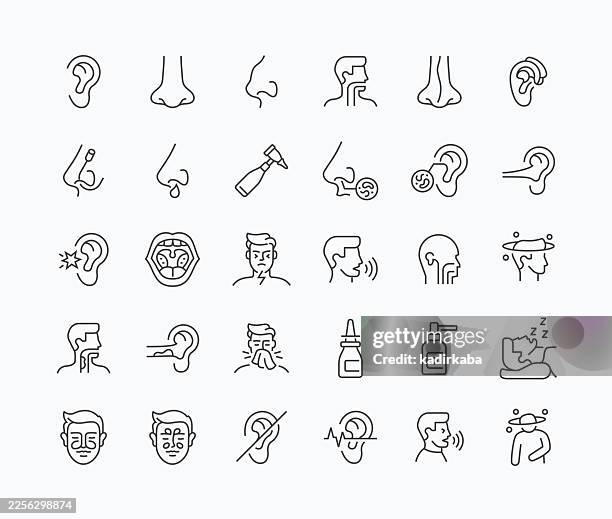 thin otorhinolaryngology line icon set · 30 icons - infectious disease stock illustrations