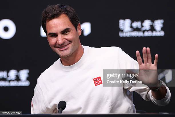 Former tennis player Roger Federer talks to the media at a press conference ahead of the 2026 Australian Open at Melbourne Park on January 15, 2026...
