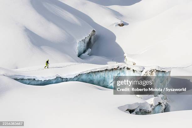 alpinist on a snowy ridge near a glacier - majestätisch stock-fotos und bilder