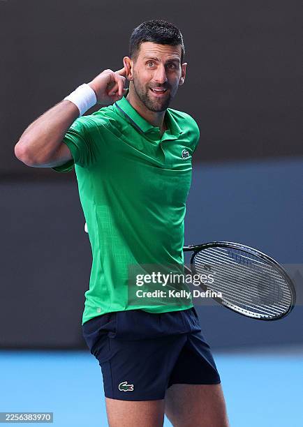 Novak Djokovic of Serbia celebrates during an exhibition match against Frances Tiafoe of the United States ahead of the 2026 Australian Open at...