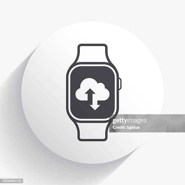 cloud download and upload with smartwatch. icon on circle button with long shadow - moving clouds loop stock illustrations