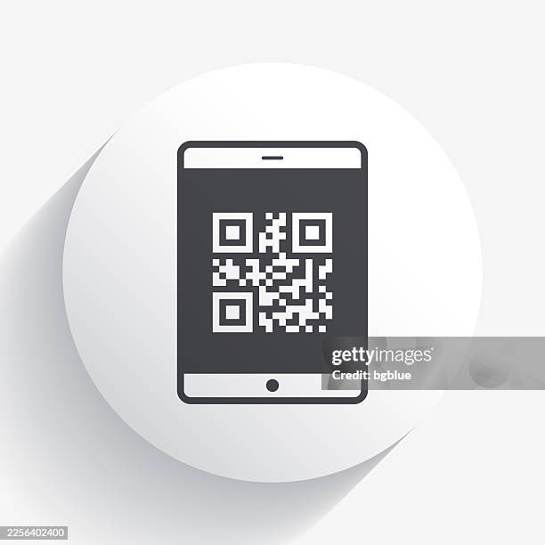 tablet pc with qr code. icon on circle button with long shadow - reading label stock illustrations