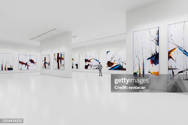 art exhibition in a modern art gallery with large abstract expressionist paintings - fine art painting stock pictures, royalty-free photos & images
