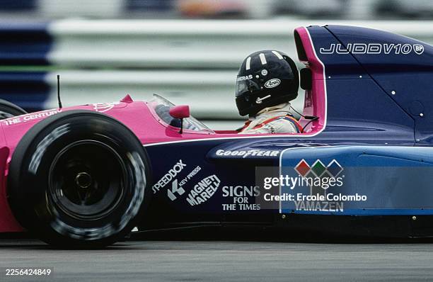 Tight cockpit side view of Damon Hill from Great Britain driving the Motor Racing Developments Ltd Brabham BT60B Judd V10 during practice for the...