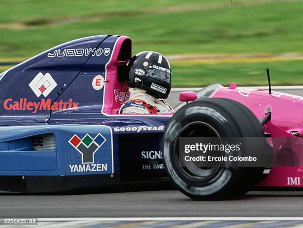 Tight cockpit side view of Damon Hill from Great Britain driving the Motor Racing Developments Ltd Brabham BT60B Judd V10 during practice for the...