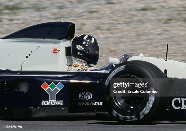 Tight cockpit side view of Damon Hill from Great Britain driving the Motor Racing Developments Ltd Brabham BT60B Judd V10 during practice for the...