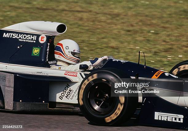 Tight cockpit side view of Martin Brundle from Great Britain driving the Brabham Yamaha F1 Team Brabham BT60Y Yamaha V12 during practice for the...