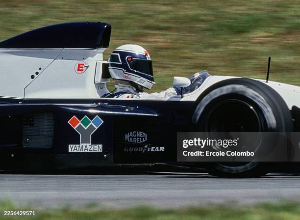 Tight cockpit side view of Giovanna Amati from Italy driving the Motor Racing Developments Ltd Brabham BT60B Judd V10 during practice for the Formula...