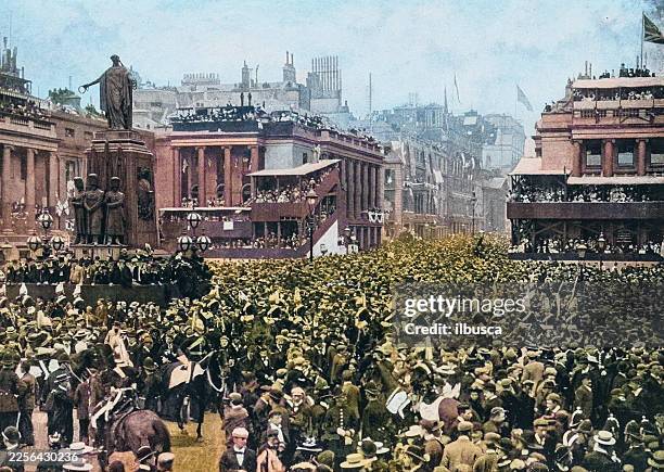 queen victoria 1897 jubilee celebrations, waterloo place, london - waterloo railway station london stock illustrations