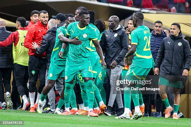Rabat, Morocco Senegal team angry with referee Jean-Jacques Ndala for giving a late penalty after VAR check during the Africa Cup Of Nations Final...