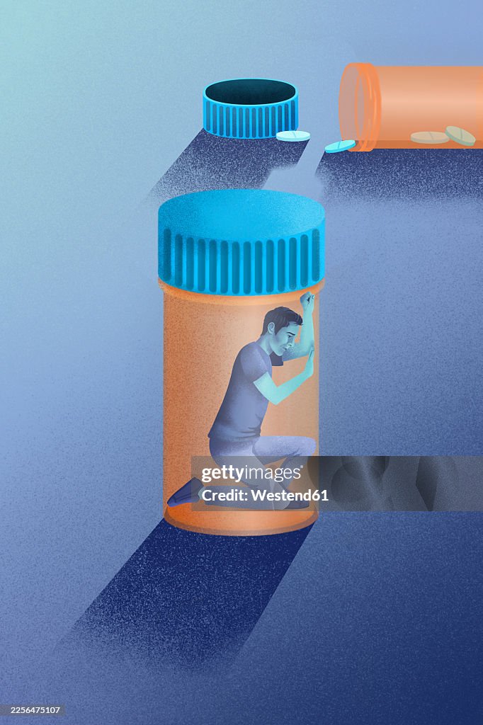 Person trapped inside pill bottle illustrating addiction problem