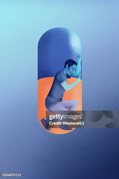 person trapped inside a capsule symbolizing addiction and health issues - drug abuse stock illustrations