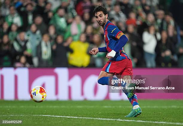 Ferran Torres of FC Barcelona scores his team's first goal during the Copa del Rey Round of 16 match between Racing de Santander and FC Barcelona at...