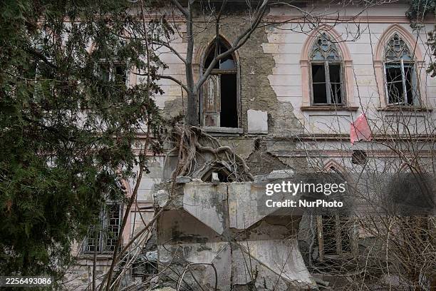 The facade of an abandoned building is in Beocin, Vojvodina, Serbia, on January 19, 2025.