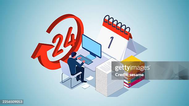 time management, work planning, ready to commit to a new job and study. isometric view businessman sitting next to a 24-hour clock and calendar for work and study - clutter stock illustrations