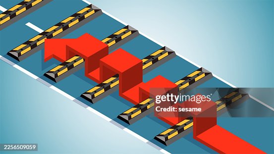 Speed bumps, economic development blocked, slow economic growth. Isometric view of growing arrows moving slowly through speed bump blockage Speed bumps, economic development blocked, slow economic growth. Isometric view of growing arrows moving slowly through speed bump blockage